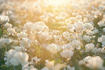 A sunny day in a beautiful meadow filled with white flowers, perfect for a bright and cheerful image