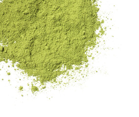 Green matcha powder isolated on white, top view