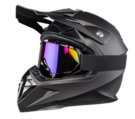 black modern motocross or enduro downhill crash full face helmet with saftey goggles isolated  white background background.