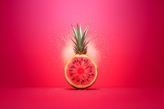 Pineapple watermelon exploding on bold pink background. Minimal concept. Copy space.