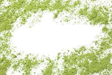 Powdered matcha green tea isolated on white, top view