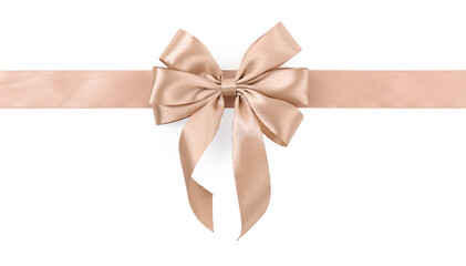 Golden satin ribbon with bow isolated on white, top view