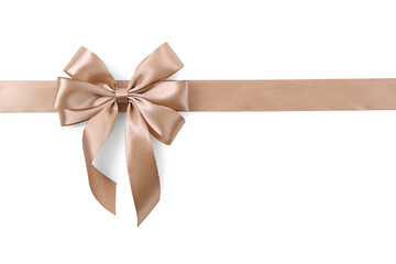 Golden satin ribbon with bow isolated on white, top view