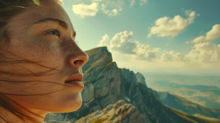 A happy woman smiles in a closeup with a beautiful mountain landscape in the background. She enjoys leisure and recreation while traveling in the natural landscape AIG50