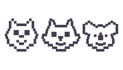 Pixel art Koala bear,fox,dog character.Retro vintage 80s.Video game graphics. Cute pixelated fox mammal.Animal Koala head icon pixel art style. Isolated on white background.