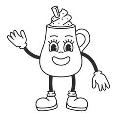 Groovy vintage cup character.Funky groovy cartoon. Funny mascot with smile and emotion.Coffee with cream.Beverage mascot coffee.Vector flat illustration.