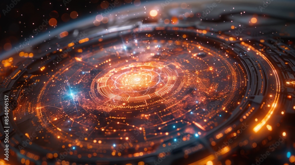 Aufkleber close-up view of a futuristic circular interface glowing brightly against a dark space background.