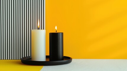 artistic vibrant yellow only one candles and candlesticks minimalist style and grey creative silhouette minimalist pose clean white background in clean studio lighting product photography 32k