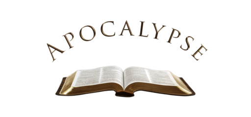 Book of Apocalypse. Open bible with the name of the book of the bible above it. Perfect for any religious project. Transparent background PNG. Christian bible study unique concept.