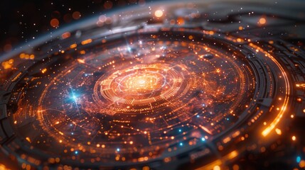 Close-up view of a futuristic circular interface glowing brightly against a dark space background.