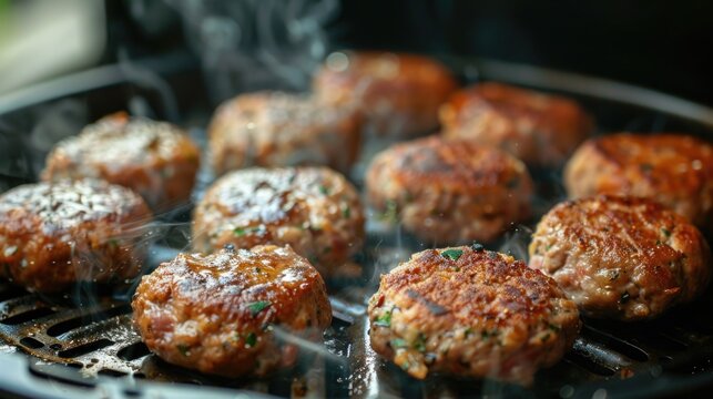 Meatballs cooking on a grill with smoke coming out, perfect for outdoor BBQs or parties