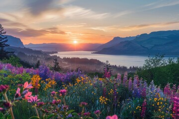 Obraz premium A beautiful field of wildflowers set against a warm sunset backdrop