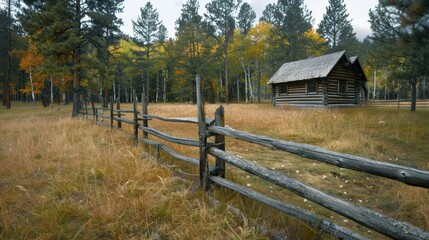 Fototapeta premium A rustic wooden log fence encircling a log cabin in a forested setting
