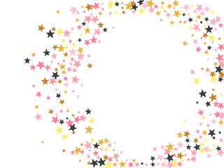 Elegant black pink gold stars random vector illustration. Many stardust spangles Christmas decoration confetti. Isolated stars random backdrop. Spangle confetti poster decor.