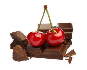Fresh cherries with pieces of dark chocolate isolated on white