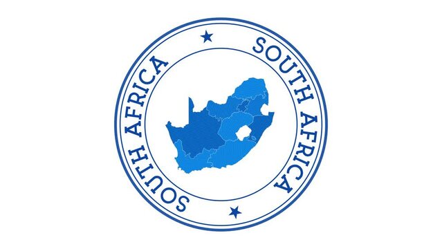 South Africa intro. Badge with the circular name and map of the country. South Africa round logo animation.