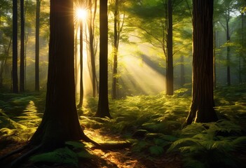 Obraz premium golden sunlight filtering through lush forest trees serene natural setting, rays, grove, tranquil, bright, environment, foliage, shadows, sunbeams, picturesque