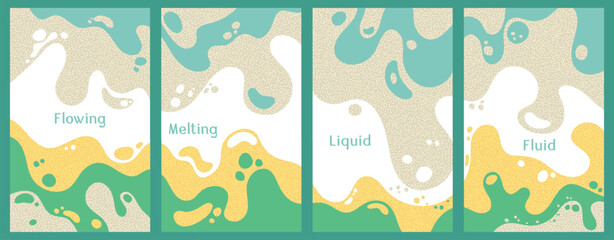 Melting vibrant waves pattern summer front pages. Bubble splashes and streams vector pack box covers