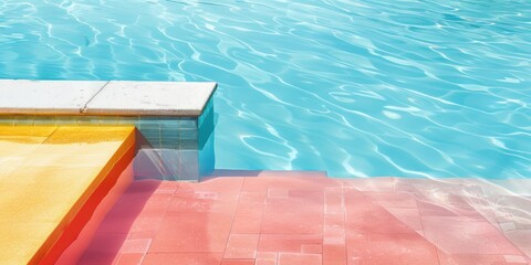Obraz premium A swimming pool with a set of stairs in it, featuring both yellow and red colors
