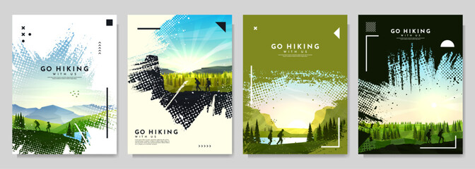 Vector brochure cards set. Travel concept of discovering, exploring and observing nature. Hiking. Adventure tourism. Design template of flyer, magazine, book cover, banner, invitation, poster, layout