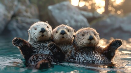 Three playful otters floating together in calm water with rocks and trees in the background, enjoying a serene, sunny natural habitat.
