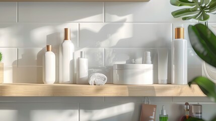 Cosmetic packaging display with hair products and face cream in bathroom setting