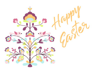 Happy Easter design with flowers and birds on tree of life.