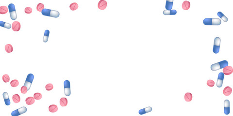 Contraceptive pills medical vector illustration. Capsule drugs and tablets illness prescription elements. Blue white and pink pills, emergency treatment or vitamins. Antibiotic tablets concept.