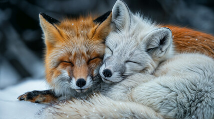 Fototapeta premium A cute red fox and a white arctic fox cuddle and sleep together