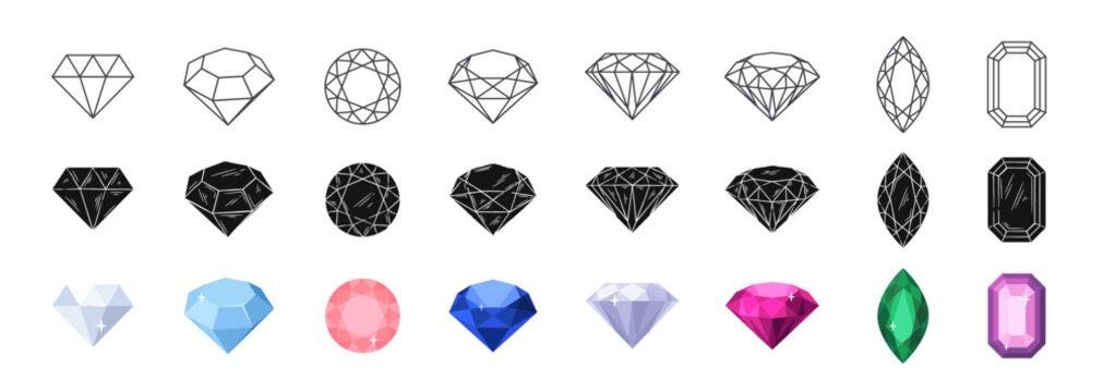 Set of different gemstones icons. Linear, black and white and color symbols of jewelry precious stones, diamond, rubies and luxury crystal. Outline flat vector collection isolated on white background