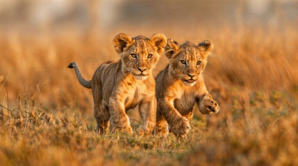 Two cute lion cubs running through the african savannah