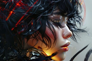 Naklejka premium A close-up shot of a woman with black hair and unknown facial expression