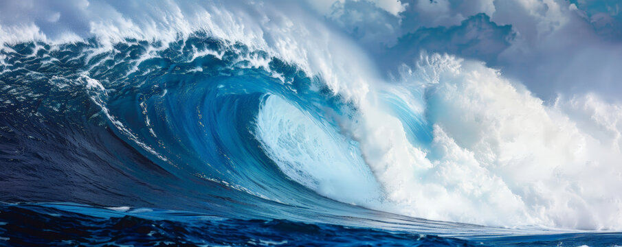 A large blue wave breaking in the ocean under a cloudy sky