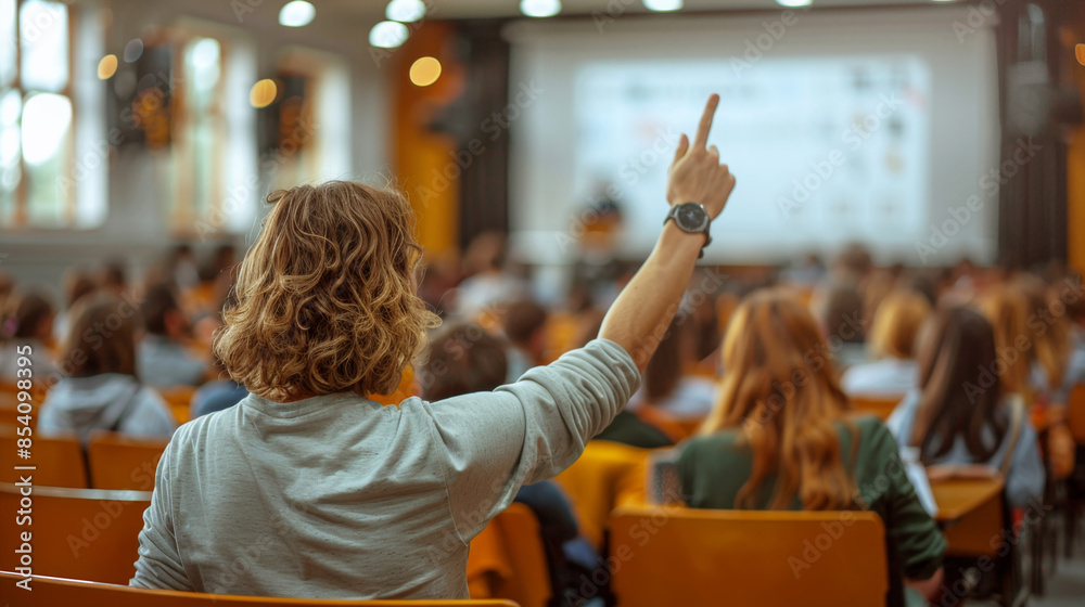 Poster A student raises their hand to ask a question during a lecture in a classroom setting.
