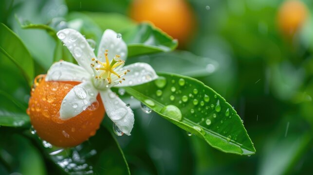 Blooming orange blossom following a rainfall