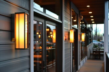 wall mounted outdoor lighting for a restaurant, orange lights and a white metal frame, with glass doors and a window Generative AI
