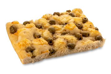 Focaccia with cheese and green olives; Flat bread slice isolated