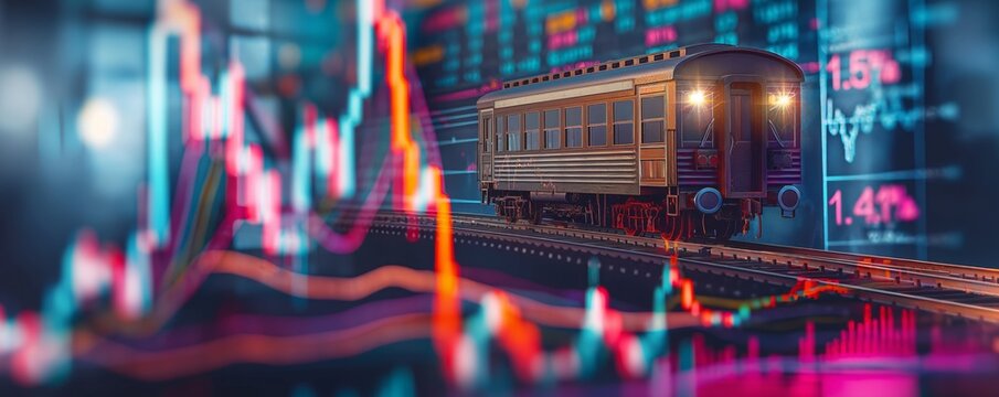 Composite image with a train blending into a vibrant stock market chart, symbolizing economic movement
