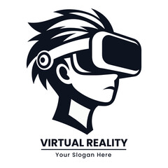 Man with spiky hair wearing a VR headset, shown in a stylized graphic design