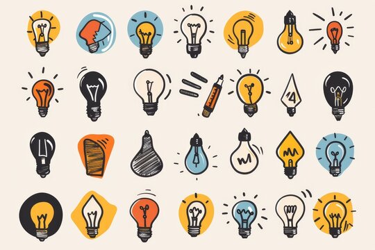 Graffiti light bulbs, lamp icon silhouettes set, lightbulbs isolated, doodle sketched bulbs, creativity idea