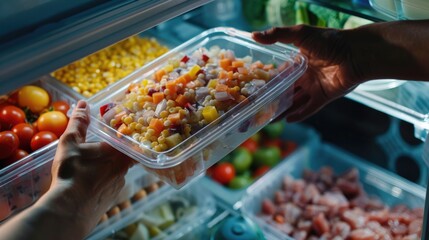 A person holding a container of food in front of an open refrigerator, suitable for use in articles about meal planning, cooking, or home organization