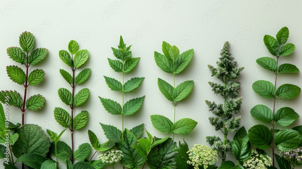 Poster A flat lay image of assorted green leaves arranged in a row on a white background.