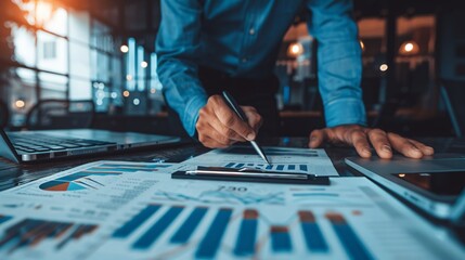 A Financial Expert Analyzing Business Reports and Financial Charts in a Modern Corporate Office