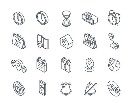 Set of isometric time management line icons. Simple signs with calendar for planning, location pin, clock and reminder. Editable stroke. Outline 3D vector collection isolated on white background