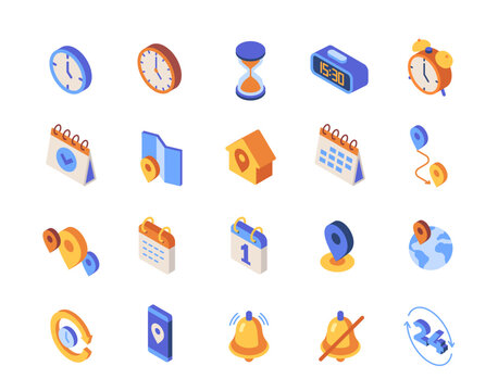 Set of isometric time management colorful icons. Symbols with clock, reminder notification, calendar and address. Planning and scheduling. 3D vector collection isolated on white background