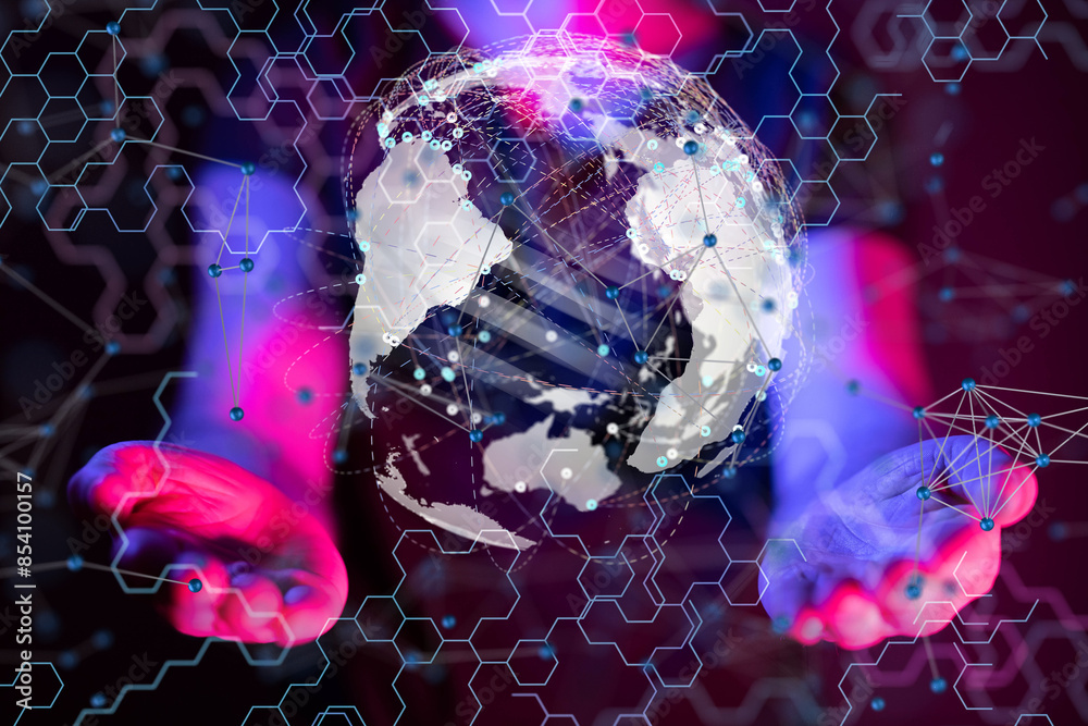 Poster world Global network. Blockchain. 3D illustration. Neural networks and artificial intelligence. Abstract