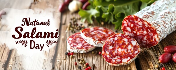 Celebrating National Salami Day with Sliced Sausages on Rustic Wooden Background.