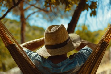 A person enjoying leisure time in a hammock with a hat on