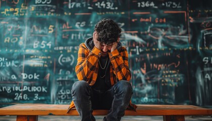 Obraz premium A boy sits on a bench alone in front of blackboard filled with complex equations
