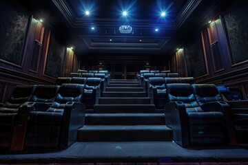 Naklejka premium A quiet and dimly lit theater with rows of seats and a clock on the wall, perfect for a peaceful moment or a nostalgic setting